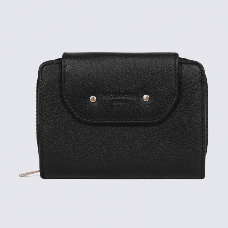Portefeuille Hexagona, Portefeuille femme en cuir de vachette noir