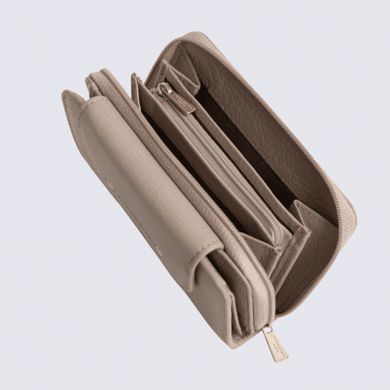 Portefeuille Hexagona, Portefeuille femme en cuir de vachette pierre