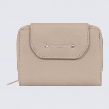 Portefeuille Hexagona, Portefeuille femme en cuir de vachette pierre