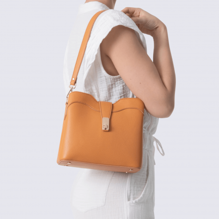 Sac porté épaule Hexagona, Sac porté épaule élégant femme en grain imprimé tan