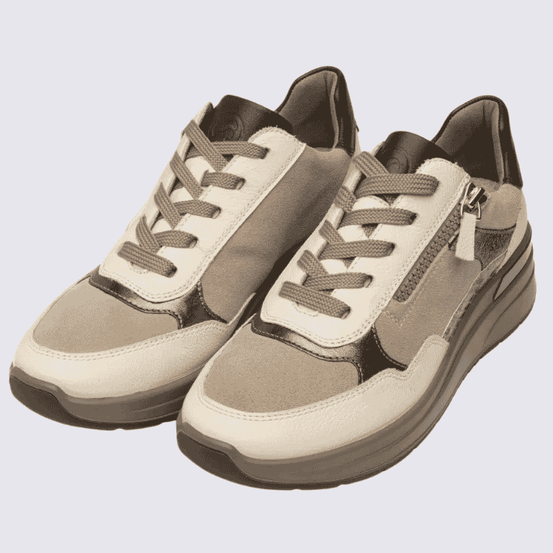 Baskets compensées Ara, Baskets compensées femme en cuir Creme cashmere cacao