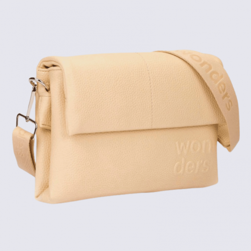 Sac bandoulière Wonders, sac tendance logo Wonders en relief femme en couleur vanille