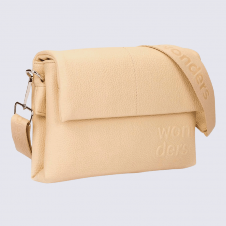 Sac bandoulière Wonders, sac tendance logo Wonders en relief femme en couleur vanille
