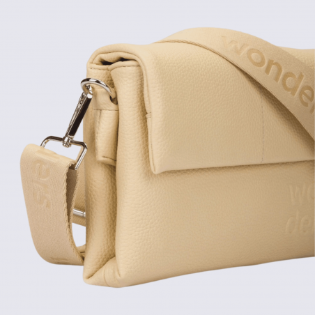 Sac bandoulière Wonders, sac tendance logo Wonders en relief femme en couleur vanille