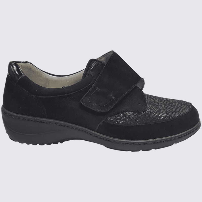 Chaussures confort Waldläufer, derbies à velcro femme en cuir et textile noir
