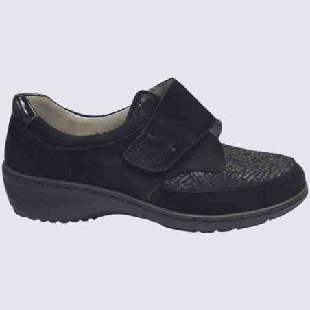 Chaussures confort Waldläufer, derbies à velcro femme en cuir et textile noir