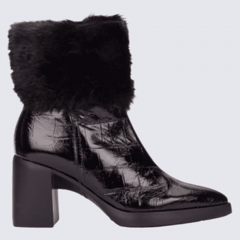 Bottines Wonders, Bottines pour femme en cuir en cuir et fourrure noir