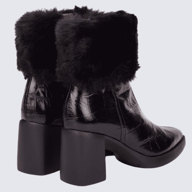 Bottines Wonders, Bottines pour femme en cuir en cuir et fourrure noir