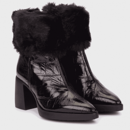 Bottines Wonders, Bottines pour femme en cuir en cuir et fourrure noir