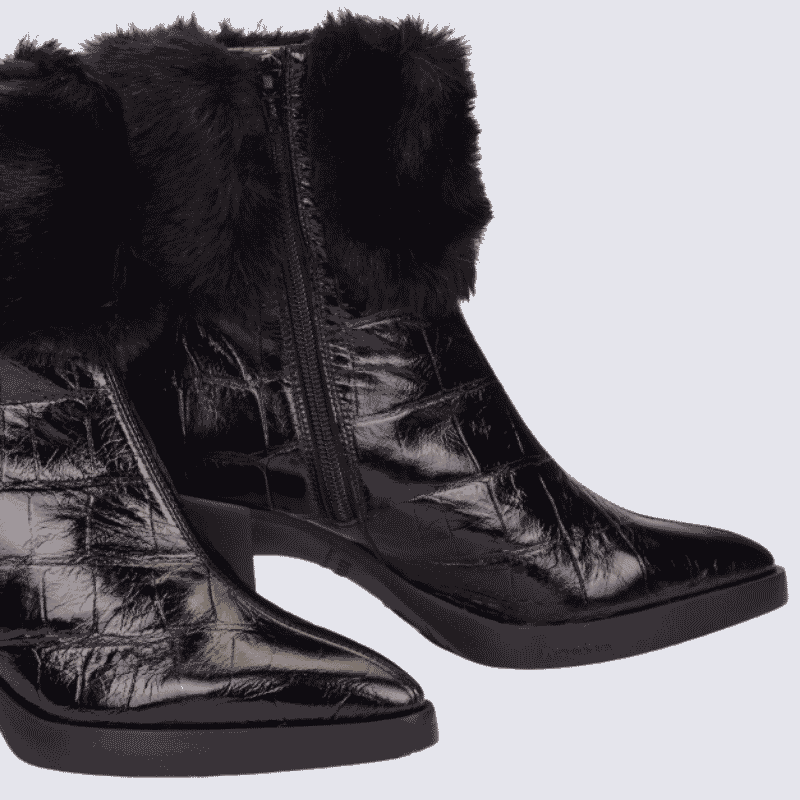 Bottines Wonders, Bottines pour femme en cuir en cuir et fourrure noir