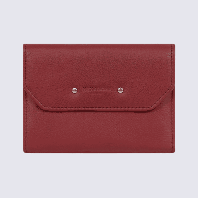 Portefeuille Hexagona, Portefeuille femme en cuir de vachette rouge foncé