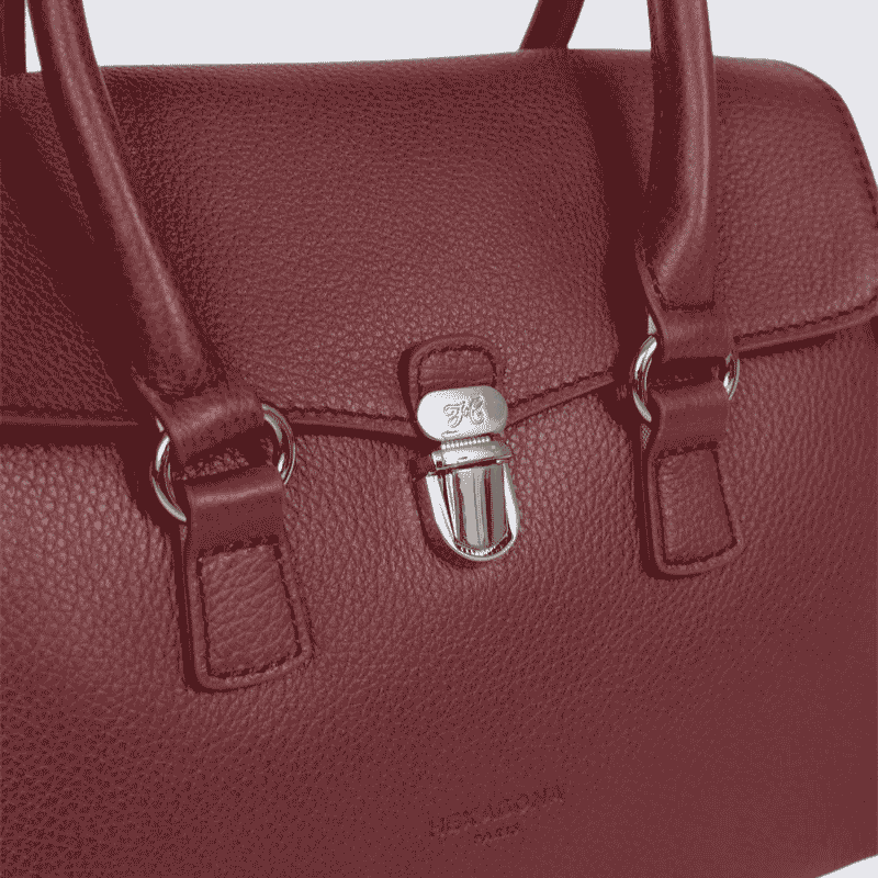 Sac porté main 2 poignées Hexagona, Sac porté main 2 poignées format rectangulaire femme en cuir lie de vin